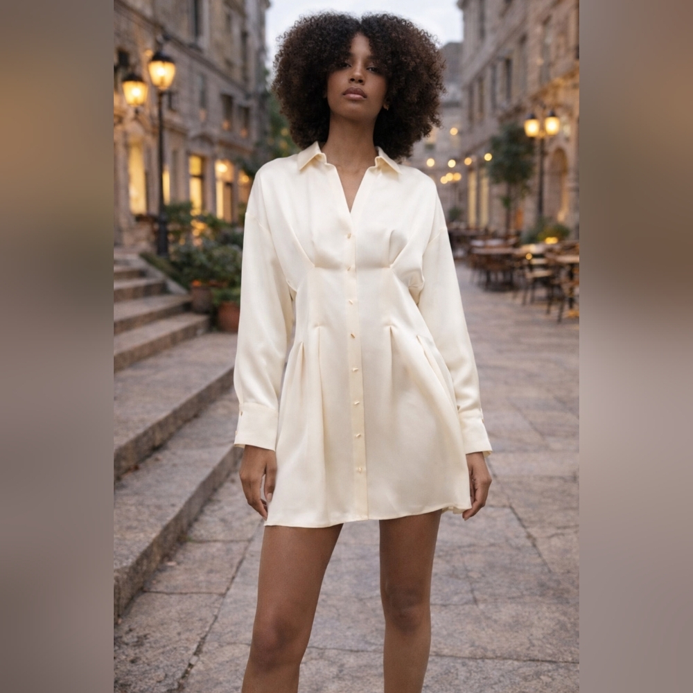 Zara Ivory Satin Shirt Dress | L | NWT $69.90 | Chic Draped Waist Mini